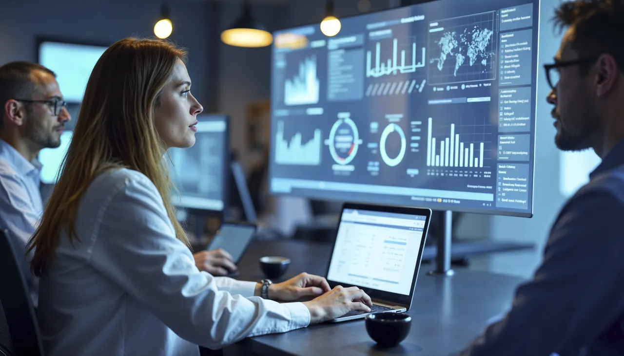 Equipe analisando painéis de gráficos e indicadores financeiros em uma tela, representando a análise completa do diagnóstico