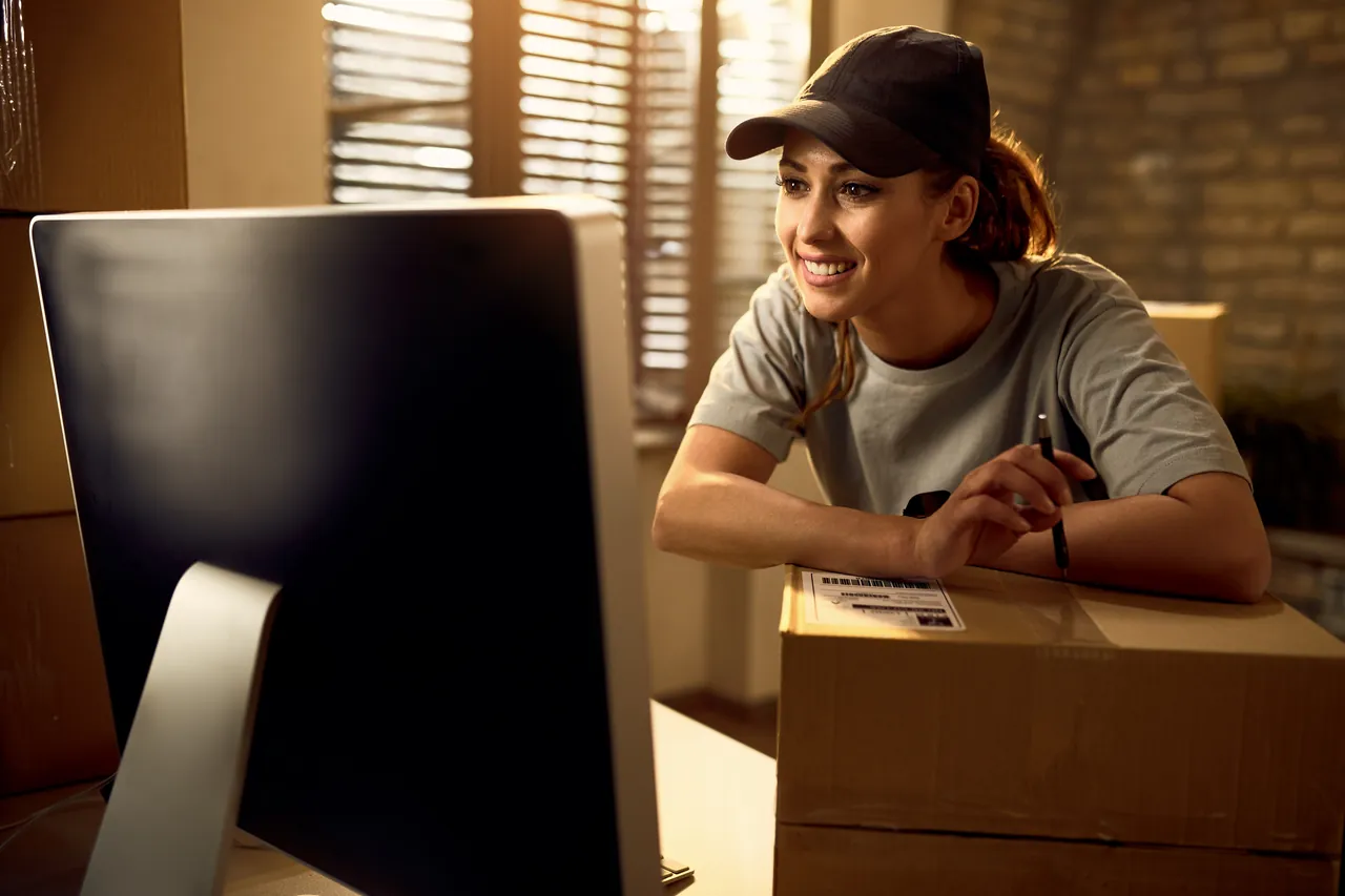 Empreendedora sorridente olhando para o computador ao lado de uma caixa pronta para envio
