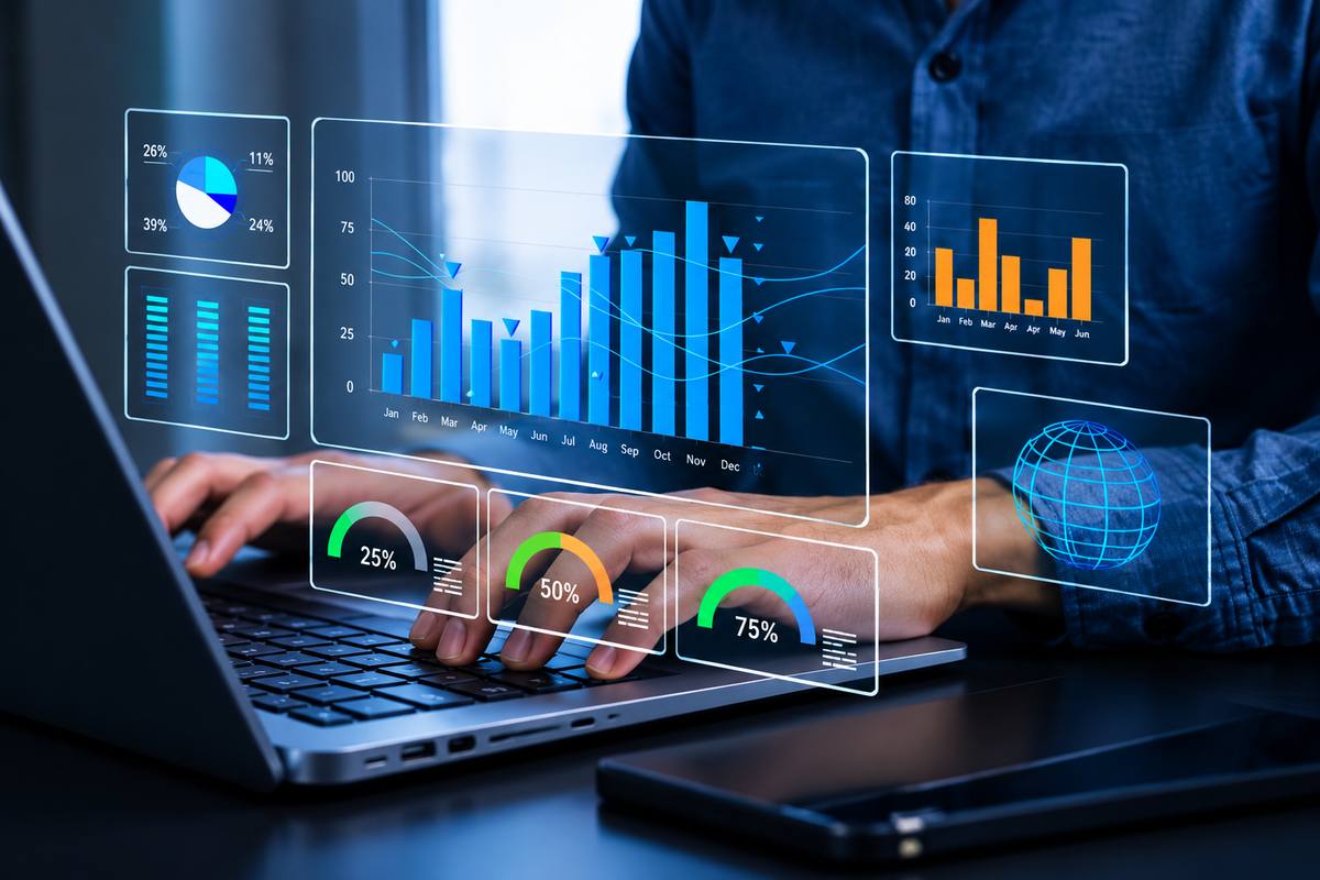 Pessoa analisando gráficos e indicadores financeiros em um notebook, representando o diagnóstico financeiro da operação